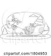 Cartoon Black And White Xmas Reindeer Pulling A Sleigh