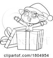 Cartoon Black And White Xmas Elf Popping Out Of A Gift Box
