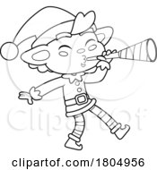 Cartoon Black And White Xmas Elf Blowing A Horn by Hit Toon