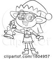 Cartoon Black And White Xmas Elf Ringing A Bell