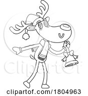 Cartoon Black And White Xmas Reindeer Ringing A Bell