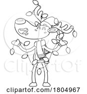 Poster, Art Print Of Cartoon Black And White Xmas Reindeer With Christmas Lights