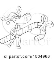 Cartoon Black And White Xmas Reindeer Carrying A Giant Candy Cane