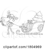 Poster, Art Print Of Cartoon Black And White Xmas Reindeer Pulling A Sleigh