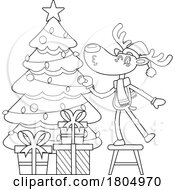 Cartoon Black And White Xmas Reindeer Decorating A Tree