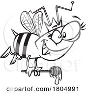 Cartoon Black And White Queen Bee Flying With A Dripping Honey Dipper