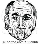 Poster, Art Print Of Caucasian Bald Man Head Front View Drawing