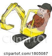 Poster, Art Print Of Sasquatch Bigfoot Wearing Operating Mechanical Digger Excavator Cartoon Drawing Color