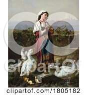 Poster, Art Print Of Young Woman Picking Flower Petals And Standing With Geese Near A Wall And Mountains In The Distance