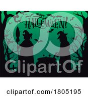 Poster, Art Print Of Silhouetted Witches With A Cauldron And Happy Halloween In A Cemetery Over Green