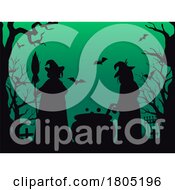 Poster, Art Print Of Silhouetted Witches With A Cauldron In A Cemetery Over Green