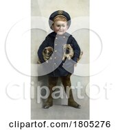 Boy Wearing A Sailor Coat And Holding Pug Puppies