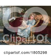 Poster, Art Print Of Girl Playing With A Doll As Her Dog Watches And A Cat Rubs Against Her Face