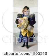 Girl Wearing A Blue Coat And Holding A Doll In A Yellow Dress