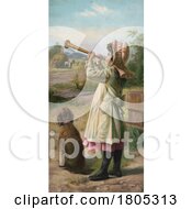 Poster, Art Print Of Girl Blowing A Dinner Horn As Her Dog Sits In Front Of Her