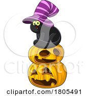 Poster, Art Print Of Cartoon Halloween Witch Cat Sitting On Jackolanterns