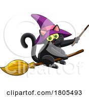 Cartoon Halloween Witch Cat Flying On A Broomstick