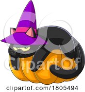 Poster, Art Print Of Cartoon Halloween Witch Cat Draped Over A Pumpkin