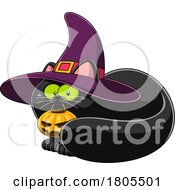 Cartoon Halloween Witch Cat Cuddling With A Jackolantern