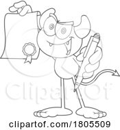 Cartoon Black And White Devil Holding A Pen To Sign An Agreement