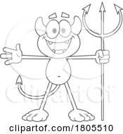 Cartoon Black And White Devil Holding A Trident And Welcoming