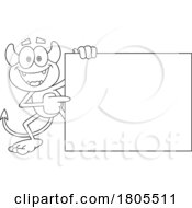 Cartoon Black And White Devil Pointing To A Sign