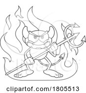 Cartoon Black And White Devil With A Pitchfork Over Flames