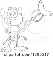 Cartoon Black And White Devil With A Sausage On A Pitchfork