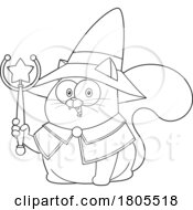 Cartoon Black And White Halloween Witch Cat Holding A Magic Wand