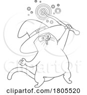 Cartoon Black And White Halloween Witch Cat Using A Magic Wand