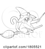 Cartoon Black And White Halloween Witch Cat Flying On A Broomstick