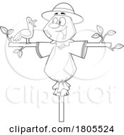 Cartoon Black And White Halloween Scarecrow Talking To A Bird by Hit Toon