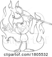 Cartoon Black And White Devil With A Pitchfork Over Flames