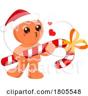 Poster, Art Print Of Cartoon Christmas Gingerbread Man Cookie Carrying A Giant Candycane