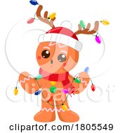 Poster, Art Print Of Cartoon Christmas Gingerbread Man Wearing An Antler Hat And Christmas Lights