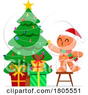 Poster, Art Print Of Cartoon Christmas Gingerbread Man Cookie Decorating A Tree