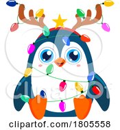 Poster, Art Print Of Cartoon Christmas Penguin Decorated With Lights