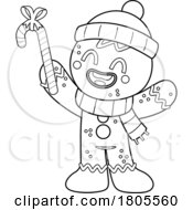Cartoon Black And White Christmas Gingerbread Man Cookie Holding A Candycane by Hit Toon