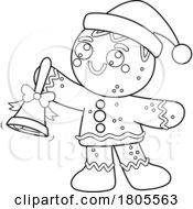 Poster, Art Print Of Cartoon Black And White Christmas Gingerbread Man Cookie Ringing A Bell