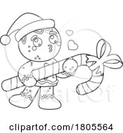 Cartoon Black And White Christmas Gingerbread Man Cookie Carrying A Giant Candycane by Hit Toon