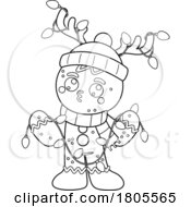 Poster, Art Print Of Cartoon Black And White Christmas Gingerbread Man Wearing An Antler Hat And Christmas Lights