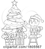 Poster, Art Print Of Cartoon Black And White Christmas Gingerbread Man Cookie Decorating A Tree