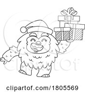 Poster, Art Print Of Cartoon Black And White Yeti Abominable Snowman With Christmas Gifts