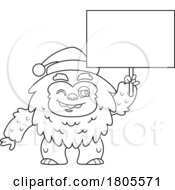 Cartoon Black And White Christmas Yeti Abominable Snowman WIth A Sign