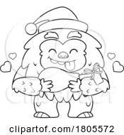 Poster, Art Print Of Cartoon Black And White Christmas Yeti Abominable Snowman With A Gift Of Meat