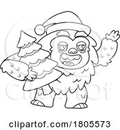 Cartoon Black And White Christmas Yeti Abominable Snowman Carrying A Tree
