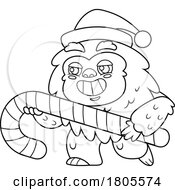 Cartoon Black And White Christmas Yeti Abominable Snowman With A Candy Cane