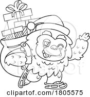 Poster, Art Print Of Cartoon Black And White Yeti Abominable Snowman Santa Ice Skating With Gifts