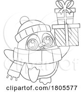 Poster, Art Print Of Cartoon Black And White Christmas Penguin With Gifts