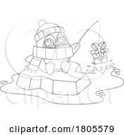 Cartoon Black And White Christmas Penguin Fishing For Gifts